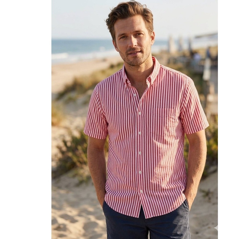Alex Mill Wash & Go Button Down Shirt Mens L Red Striped Short Sleeve Cotton